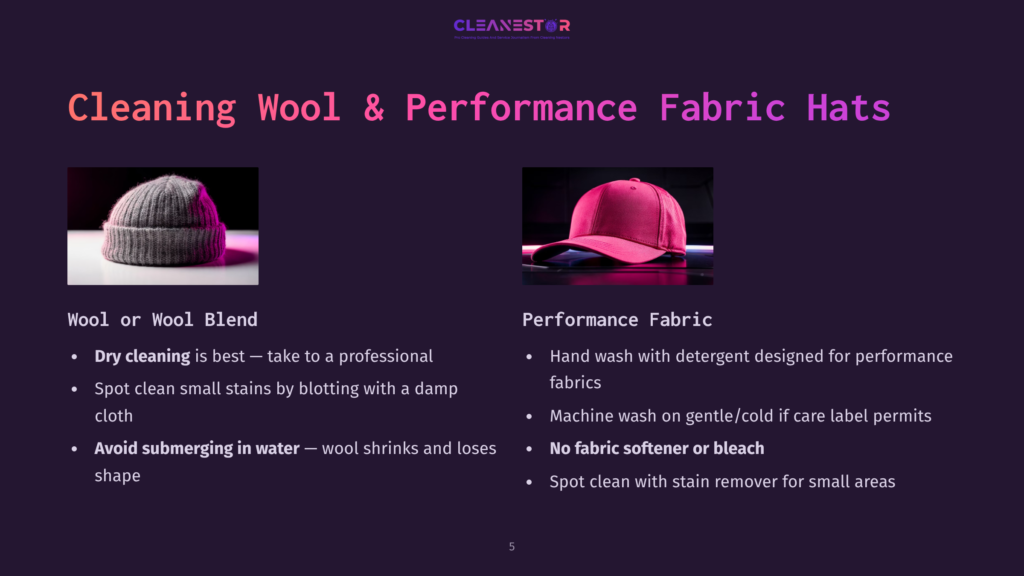 Two Hats Are Displayed: A Grey Wool Beanie And A Pink Performance Fabric Baseball Cap, With Cleaning Instructions For Each Type Of Hat Listed Beside Them.