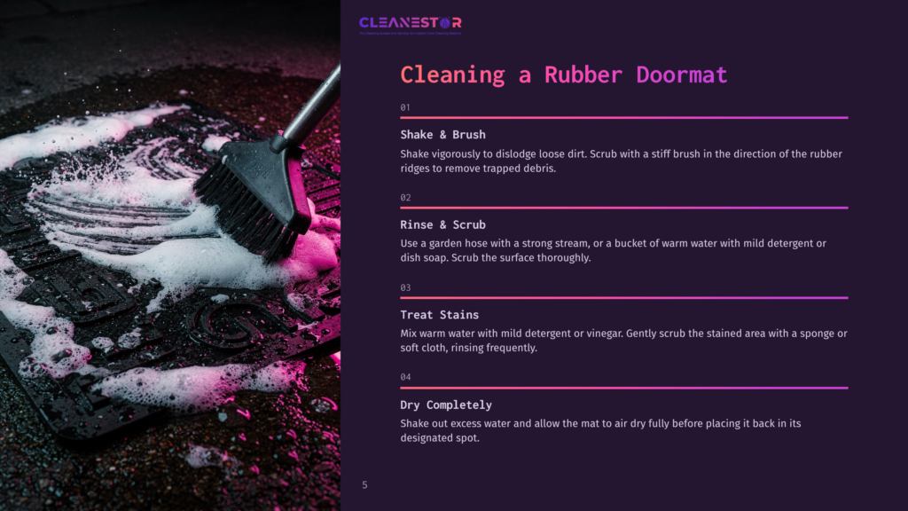 5 Cleaning A Rubber Doormat A Black Rubber Car Mat Is Being Cleaned With A Brush And Foamy Soap, With A Dark Background And The Text &Quot;Cleanestor&Quot; Visible.