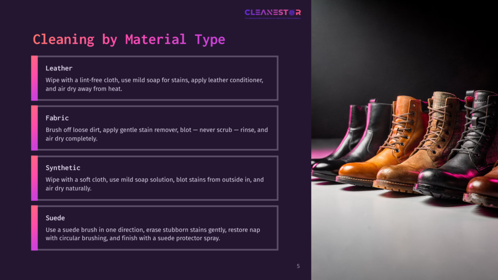 A Row Of Stylish Leather Boots In Various Colors, From Black To Tan, Stands On A Surface, Showcasing Different Textures And Finishes. The Image Is Accompanied By Cleaning Tips For Leather, Fabric, And Synthetic Materials.