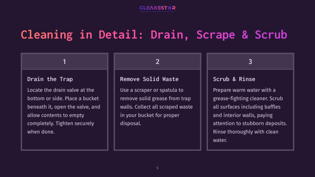 Infographic Detailing The Three Steps Of Cleaning A Drain: 1. Drain The Trap, 2. Remove Solid Waste, 3. Scrub &Amp; Rinse. The Steps Are Presented In Three Distinct Boxes With Accompanying Text Instructions.