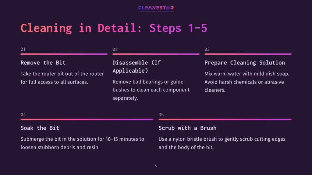 Infographic Titled &Quot;Cleaning In Detail: Steps 1-5&Quot; With Steps Including Removing The Bit, Disassembling, Preparing The Cleaning Solution, Soaking, And Scrubbing With A Brush.