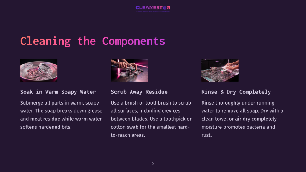Three Images Show Steps For Cleaning Components: Soaking Parts In Warm Soapy Water, Scrubbing Away Residue With A Brush And Cotton Swab, And Rinsing And Drying Components Thoroughly With A Towel To Prevent Bacteria And Rust.