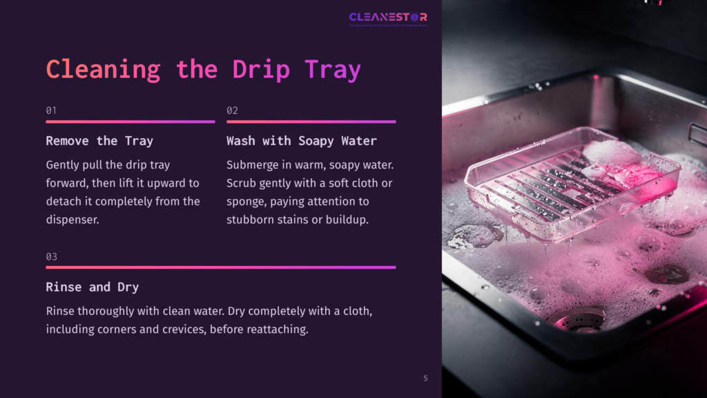 Close-Up Of A Clear Plastic Drip Tray Submerged In Pink Soapy Water In A Stainless Steel Sink, With Instructions For Cleaning The Drip Tray Visible On The Left.