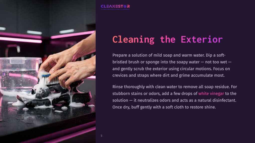Hands Scrub A Black Sneaker With A Brush In Soapy Water, Cleaning The Exterior Of The Shoe.