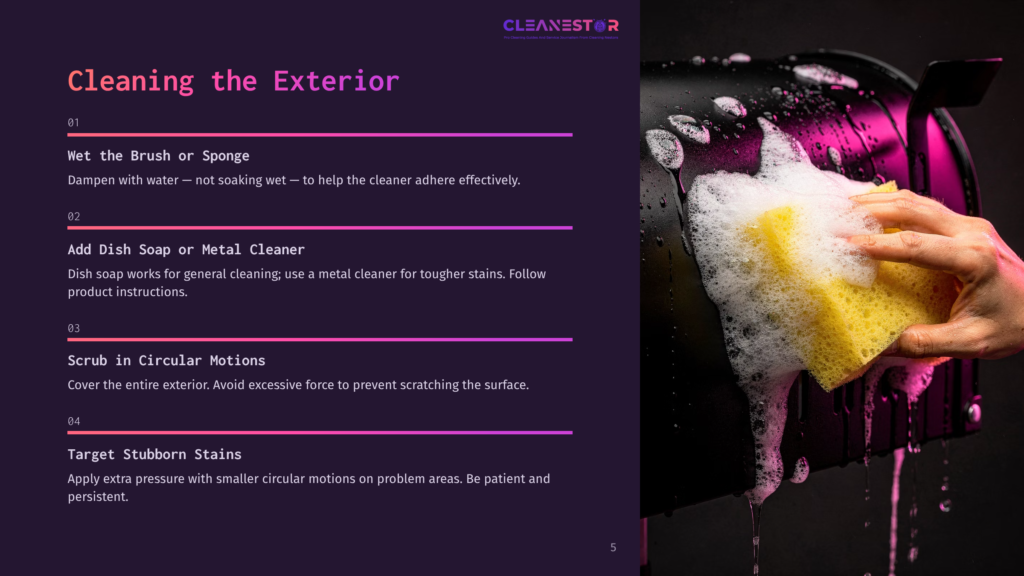 5 Cleaning The Exterior 3 Close-Up Of A Hand Holding A Yellow Sponge Covered In White Soap Suds, Cleaning A Black Mailbox With A Purple Glow. Text Overlays Provide Cleaning Instructions.