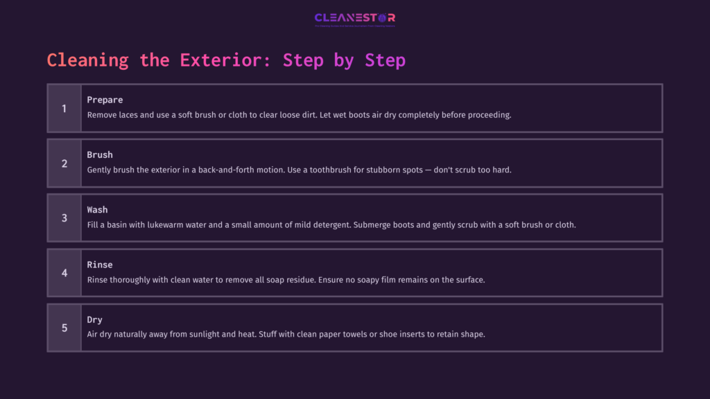 Step-By-Step Guide For Cleaning Boot Exteriors: 1. Prepare (Remove Loose Dirt), 2. Brush (Use Toothbrush For Stubborn Spots), 3. Wash (Mild Detergent And Lukewarm Water), 4. Rinse (Remove Soap Residue), 5. Dry (Air Dry Naturally).