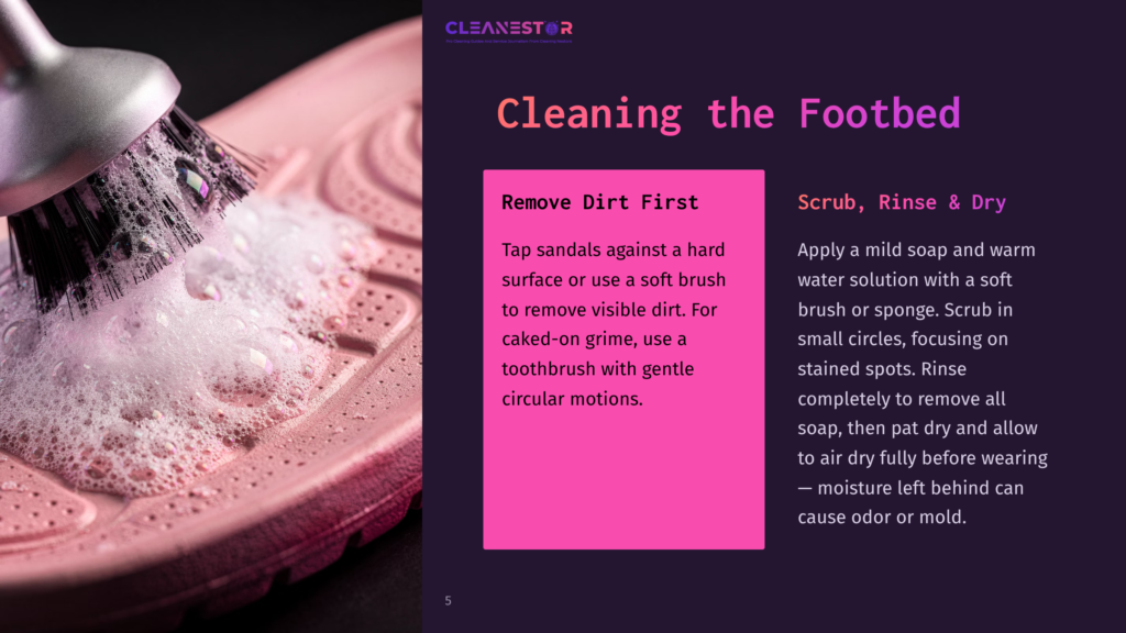 5 Cleaning The Footbed Close-Up Of A Pink Sandal Being Scrubbed With A Brush And Soap Suds, With Text Overlay &Quot;Cleaning The Footbed&Quot; And Instructions For Removing Dirt.