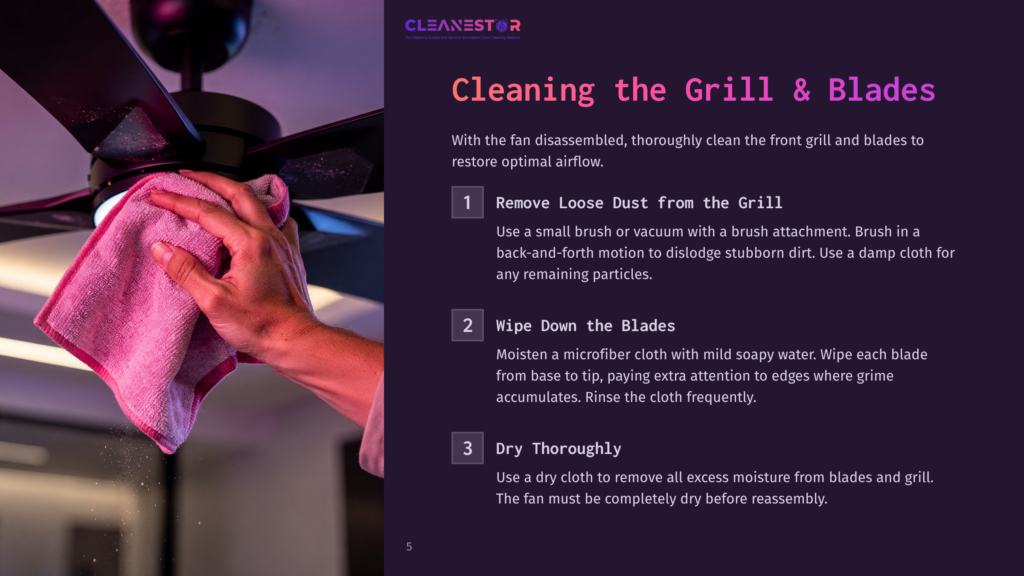 5 Cleaning The Grill And Blades Close-Up Of A Hand Cleaning A Black Ceiling Fan Blade With A Pink Microfiber Cloth, Removing Dust. Text Overlay: &Quot;Cleaning The Grill &Amp; Blades&Quot;.