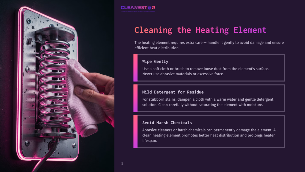 Close-Up Of A Hand Gently Wiping A Shiny Metal Heating Element With A Soft Pink Cloth, Highlighting Cleaning Instructions For The Element.