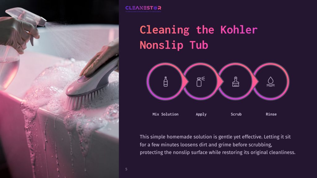 5 Cleaning The Kohler Nonslip Tub Cleanestor Logo And Text &Quot;Cleaning The Kohler Nonslip Tub&Quot;. A Step-By-Step Cleaning Guide Shows Icons For Mixing Solution, Applying, Scrubbing, And Rinsing, With The Text &Quot;This Simple Homemade Solution Is Gentle Yet Effective. Letting It Sit For A Few Minutes Loosens Dirt And Grime Before Scrubbing, Protecting The Nonslip Surface While Restoring Its Original Cleanliness.