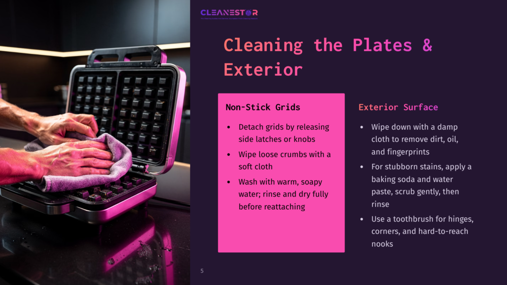A Person'S Hands Are Cleaning A Silver Waffle Maker With A Purple Cloth. The Waffle Maker Is Open, Revealing Its Grid Pattern. The Image Includes Text About Cleaning Waffle Makers, Including &Quot;Cleaning The Plates &Amp; Exterior&Quot; And &Quot;Non-Stick Grids.