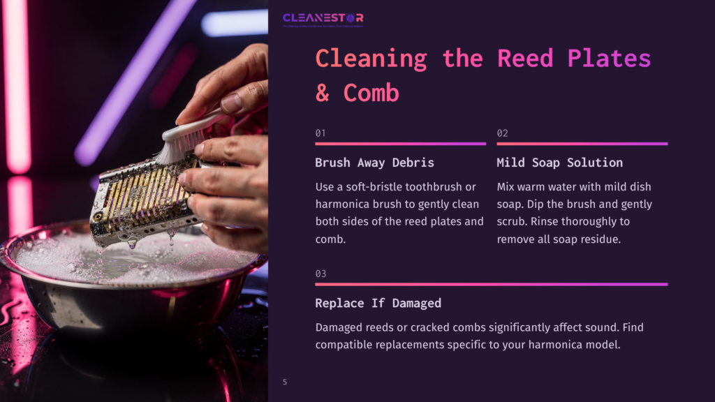 Close-Up Of Hands Cleaning A Harmonica Reed Plate And Comb With A Soft-Bristle Toothbrush In Soapy Water, Illustrating The &Quot;Cleaning The Reed Plates &Amp; Comb&Quot; Process From Cleanestor.