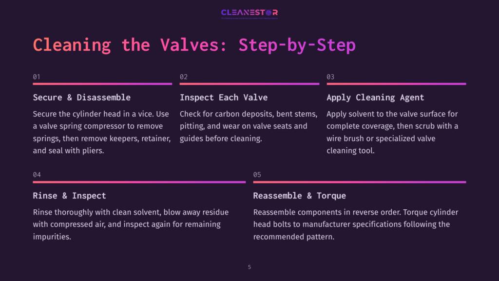 Infographic Detailing The 5-Step Process For Cleaning Valves: Secure &Amp; Disassemble, Inspect Each Valve, Apply Cleaning Agent, Rinse &Amp; Inspect, And Reassemble &Amp; Torque. The Steps Are Presented In A Clean, Modern Design With Purple And Pink Accents.