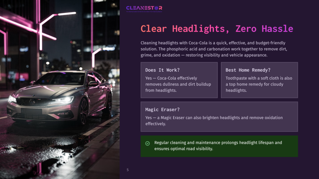 A Sleek Silver Sedan Parked On A Wet Street At Night With Neon Lights Reflecting Off The Car And The Surrounding Area, Showcasing The Effectiveness Of Coca-Cola For Cleaning Headlights.