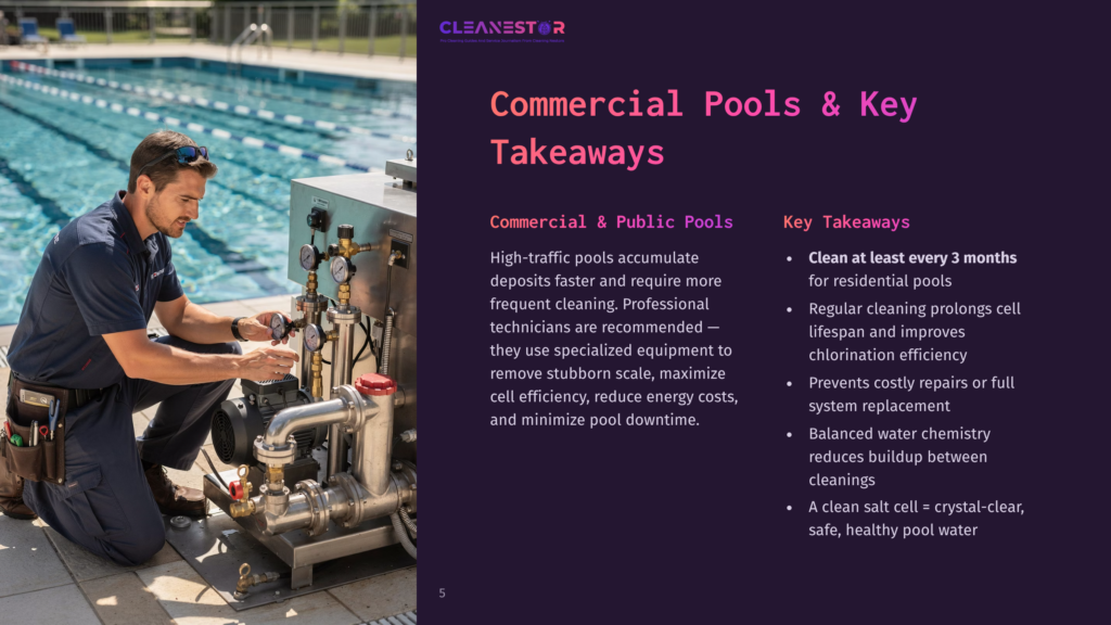 A Pool Technician In A Blue Uniform Works On The Filtration System Of A Commercial Pool, With The Cleanestor Logo Visible On The Screen.