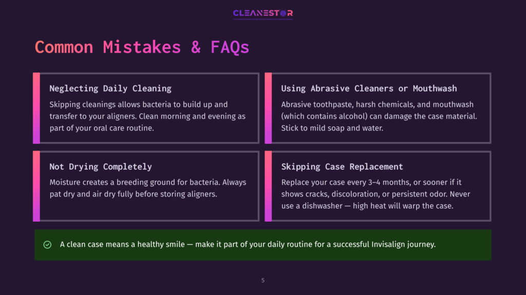 5 Common Mistakes And Faqs An Infographic Titled &Quot;Common Mistakes &Amp; Faqs&Quot; With Sections On Neglecting Daily Cleaning, Using Abrasive Cleaners, Not Drying Aligners Completely, And Skipping Case Replacement. The Background Is A Dark Gradient With Text In White And Orange. Each Section Features A Small Icon And Detailed Text.