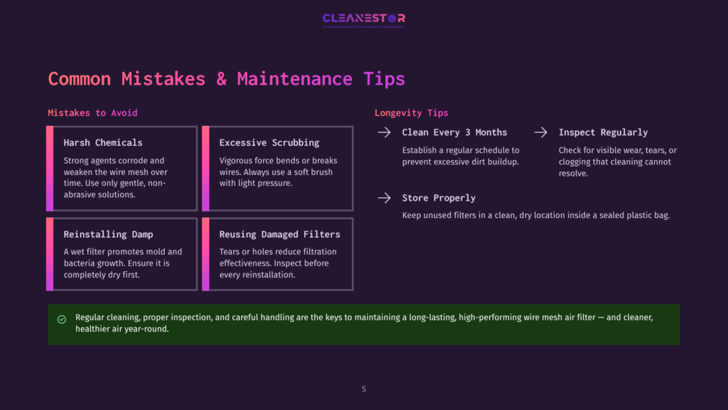 5 Common Mistakes And Maintenance Tips Infographic Detailing Common Mistakes And Maintenance Tips For Air Filters, Including &Quot;Harsh Chemicals,&Quot; &Quot;Excessive Scrubbing,&Quot; &Quot;Reinstalling Damp,&Quot; &Quot;Reusing Damaged Filters,&Quot; And Longevity Tips Like &Quot;Clean Every 3 Months&Quot; And &Quot;Inspect Regularly.