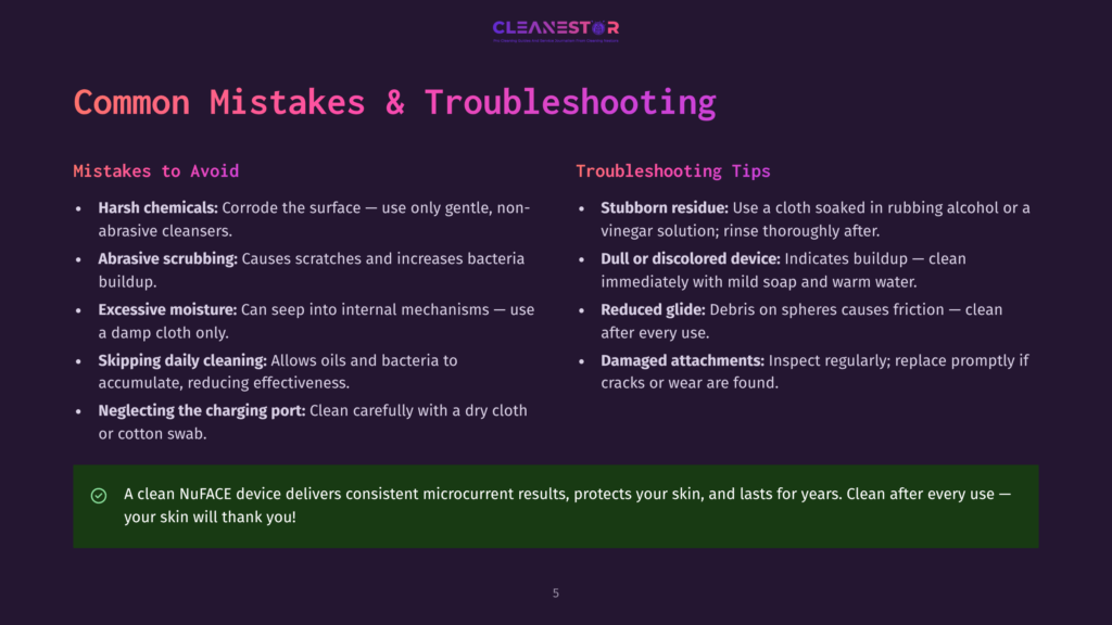 5 Common Mistakes And Troubleshooting Infographic Titled &Quot;Common Mistakes &Amp; Troubleshooting&Quot; With Sections On &Quot;Mistakes To Avoid&Quot; And &Quot;Troubleshooting Tips,&Quot; Plus A Green Checkmark Indicating Proper Nuface Device Use.