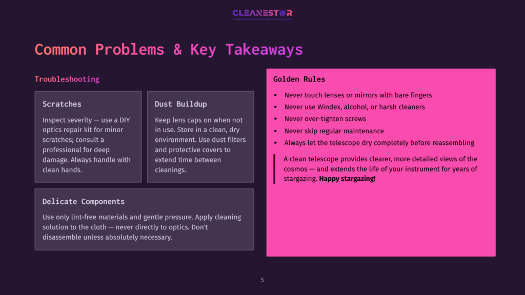 Cleanestar Slide With Troubleshooting Tips For Telescope Care: &Quot;Scratches&Quot; And &Quot;Dust Buildup,&Quot; Plus &Quot;Delicate Components&Quot; And &Quot;Golden Rules&Quot; For Cleaning And Stargazing.