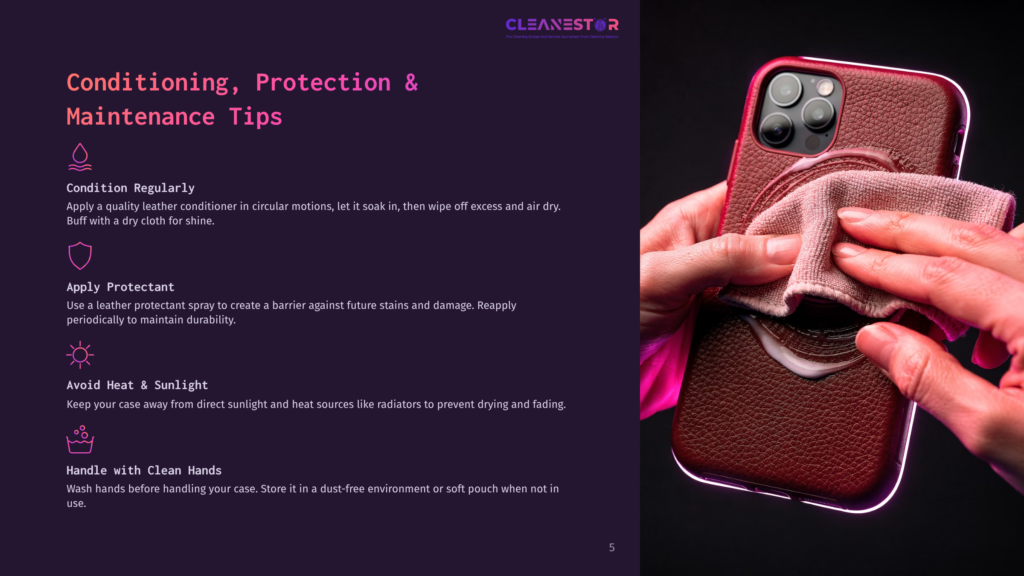 Close-Up Of Hands Cleaning A Brown Leather Iphone Case With A Pink Cloth, Showing The Texture And Conditioning Process.