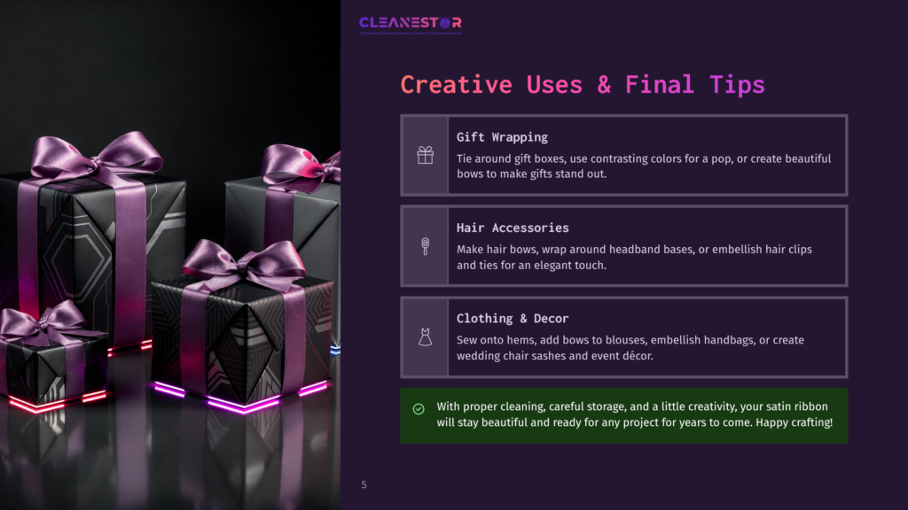 Cleanestor Logo At The Top. Several Elegantly Wrapped Gift Boxes With Purple Satin Ribbons, Some With Glowing Neon Pink Trim At The Bottom, Set Against A Dark, Reflective Background. Creative Uses &Amp; Final Tips Section Lists Gift Wrapping, Hair Accessories, And Clothing &Amp; Decor.
