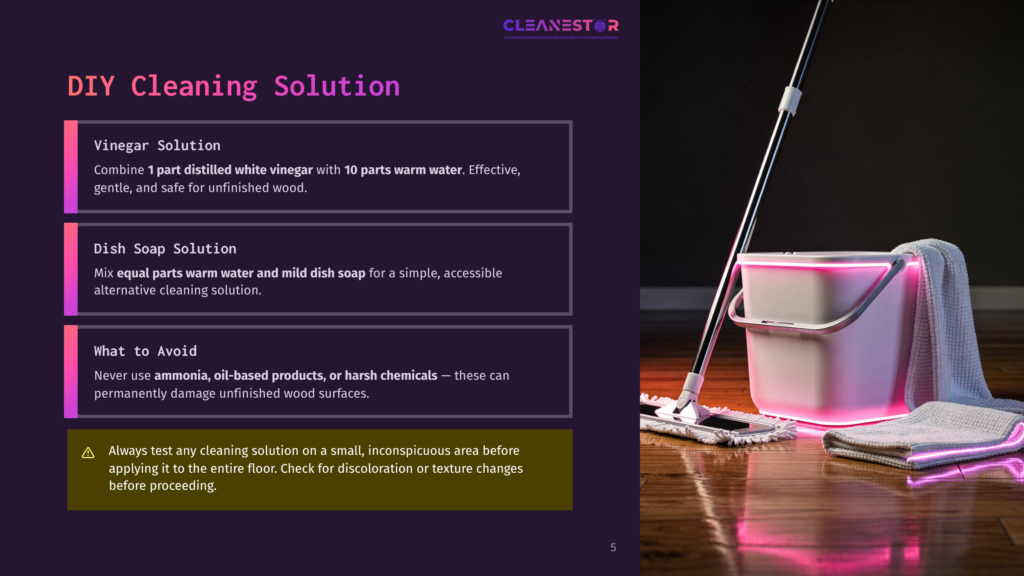 5 Diy Cleaning Solution A Cleaning Bucket With Pink Led Lights Sits On A Wooden Floor Next To A Mop And A Folded Towel, With Text Overlaying The Left Side Of The Image Detailing Diy Cleaning Solutions For Wood Floors.