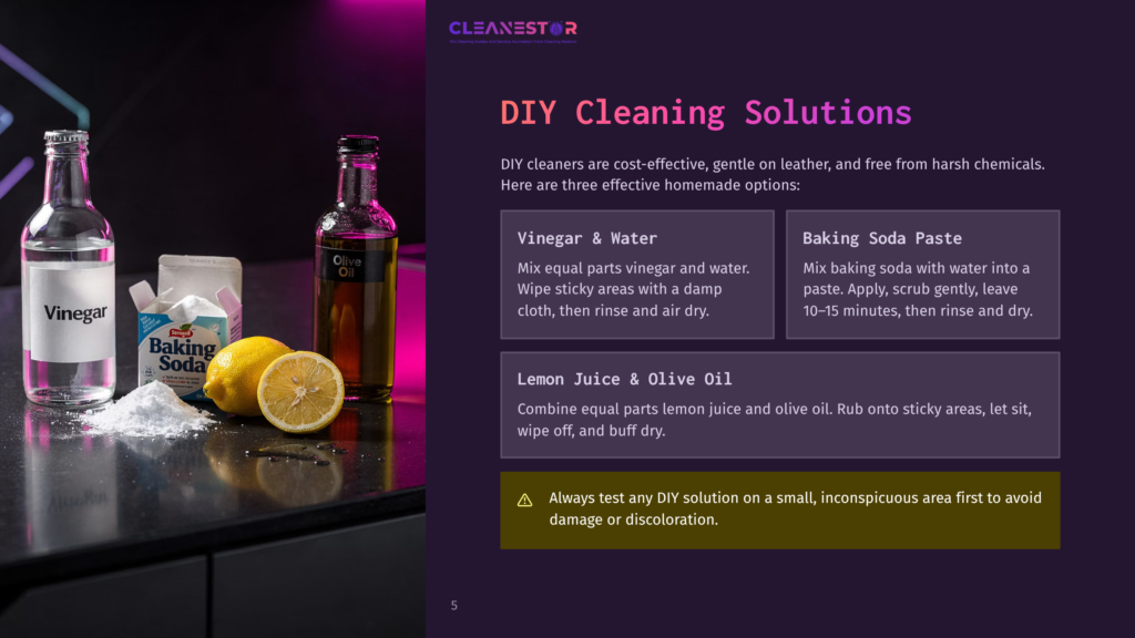 Diy Cleaning Solutions: Vinegar, Baking Soda, And Lemons On A Counter With Bottles Of Vinegar And Olive Oil, And A Box Of Baking Soda. Text Highlights Recipes For Cleaning Sticky Areas.