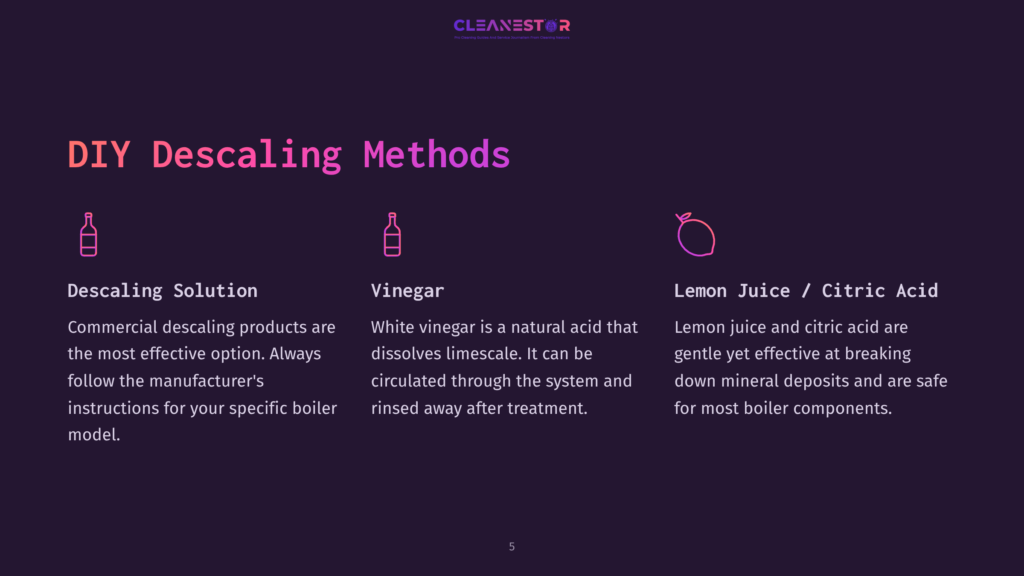 Diy Descaling Methods: Commercial Descaling Solution, White Vinegar, And Lemon Juice/Citric Acid Are Presented With Icons And Descriptions On A Dark Purple Background.