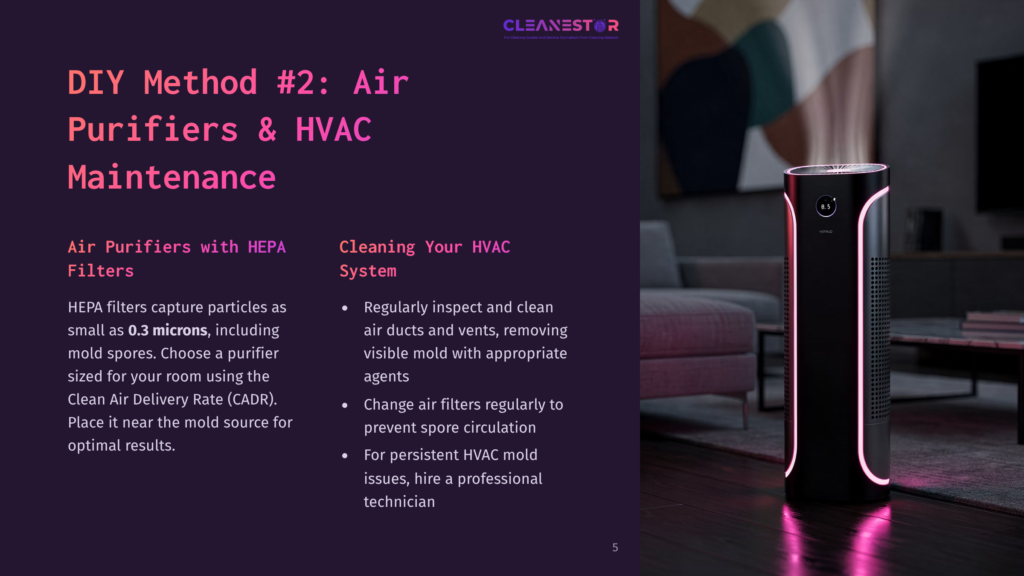 A Modern Black Air Purifier With Pink Led Accents Sits On A Wooden Floor In A Dimly Lit Living Room, Displaying '8.5' On Its Screen. Text Overlays Discuss Diy Air Purifier And Hvac Maintenance.