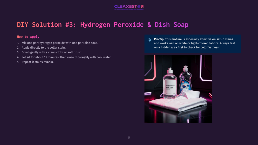Two Bottles Of Cleaning Solution, One Labeled &Quot;Hydrogen Peroxide&Quot; And Another A Dish Soap, Sit On A Stack Of White Cloths. The Background Is Dark With Neon Pink And Blue Lighting.