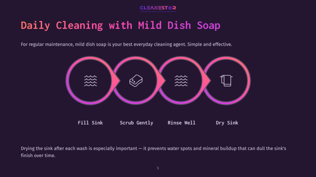 Infographic Illustrating The Four Steps Of Daily Sink Cleaning: Fill Sink, Scrub Gently, Rinse Well, And Dry Sink, With Icons Representing Water, Soap, Running Water, And A Towel.