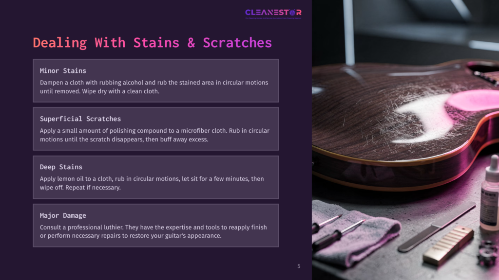 Close-Up Of A Beautiful Electric Guitar With Visible Scratches, Alongside Cleaning Supplies Like A Microfiber Cloth, Polishing Compound, And Lemon Oil, Suggesting Guitar Scratch And Stain Repair.