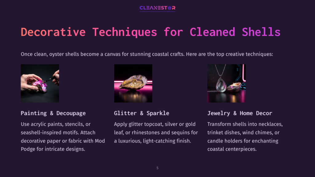 Three Decorative Techniques For Cleaned Shells: Painting And Decoupage With Acrylic Paints And Fabric, Glitter And Sparkle With Topcoat And Rhinestones, And Jewelry And Home Decor With Transformed Shells.