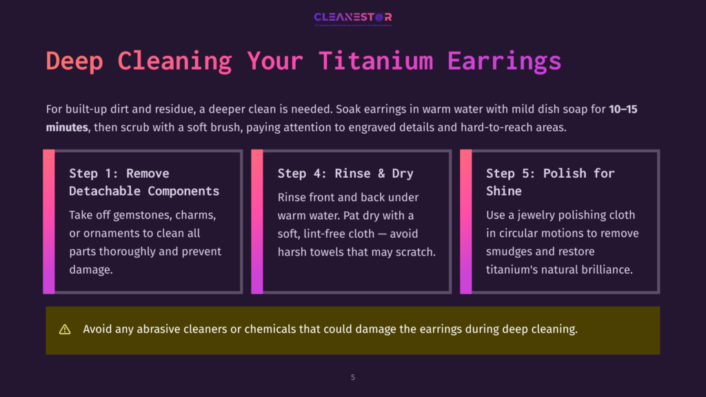 5 Deep Cleaning Your Titanium Earrings Infographic Titled &Quot;Deep Cleaning Your Titanium Earrings&Quot; With Three Steps: 1. Remove Detachable Components, 4. Rinse &Amp; Dry, And 5. Polish For Shine. A Warning Advises Against Abrasive Cleaners.