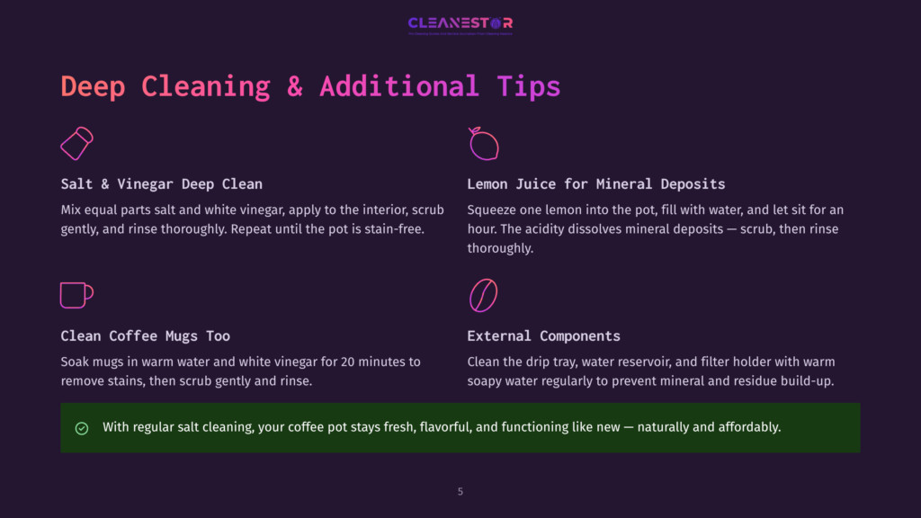 5 Deep Cleaning And Additional Tips Illustration With Text: &Quot;Deep Cleaning &Amp; Additional Tips&Quot; By Cleanestor, Featuring Icons For Salt &Amp; Vinegar Deep Clean, Lemon Juice For Mineral Deposits, Clean Coffee Mugs, And External Components.