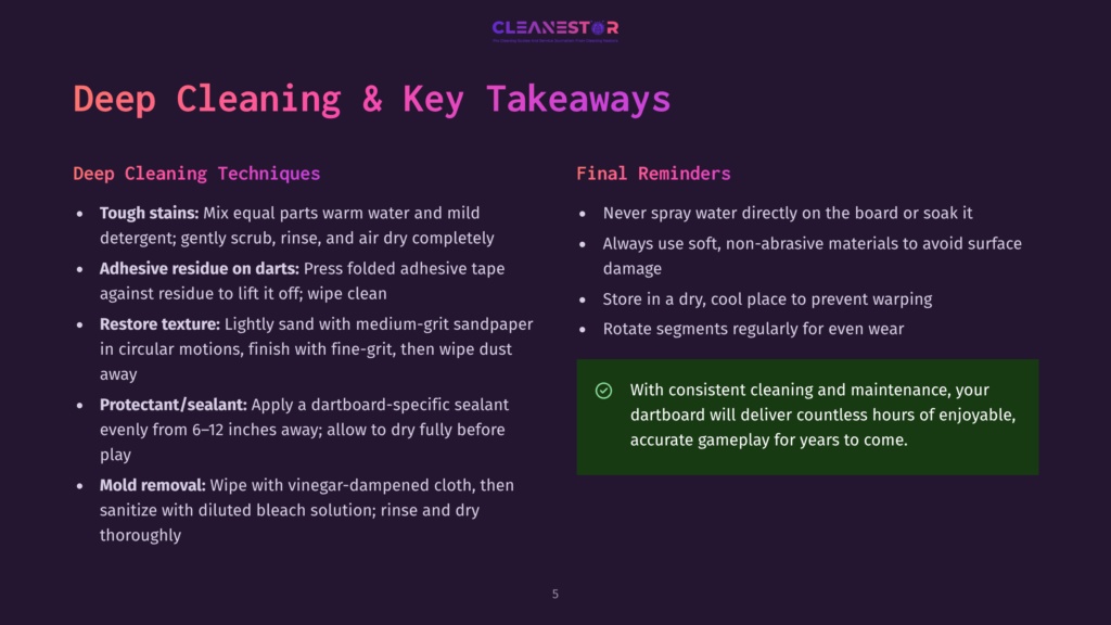 Deep Cleaning &Amp; Key Takeaways For Dartboards: Tough Stains, Residue Removal, Protectant/Sealant, And Mold Removal Techniques Are Detailed Alongside Reminders To Never Spray Water Directly And Store In A Dry Place.