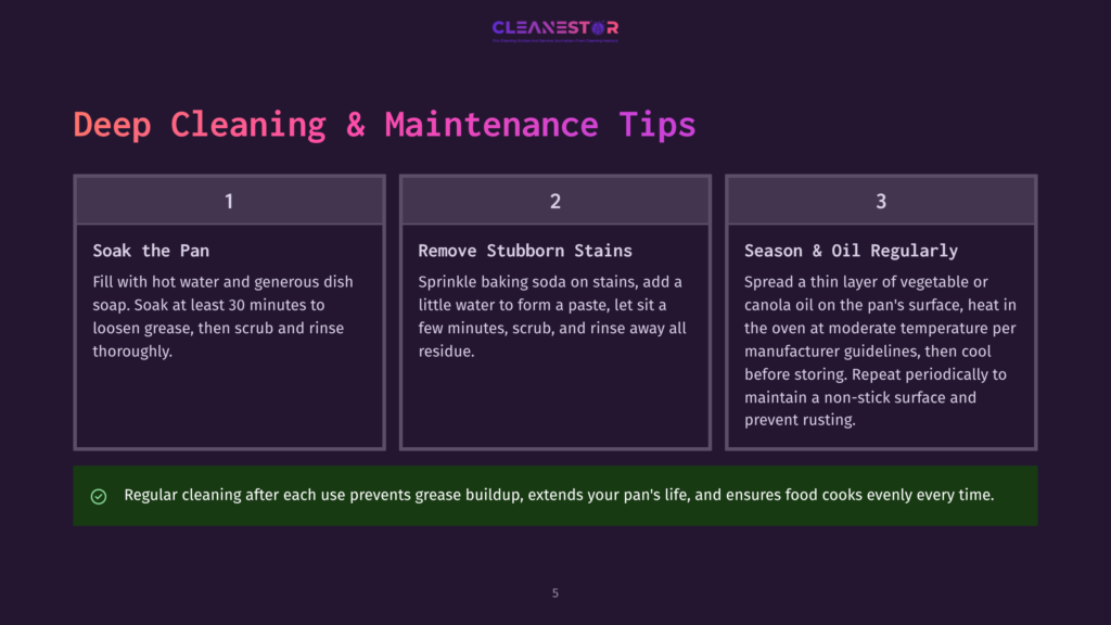Infographic With Three Sections Detailing Deep Cleaning And Maintenance Tips For Cookware: Soak The Pan, Remove Stubborn Stains, And Season &Amp; Oil Regularly. Includes A Green Checkmark With Text About Regular Cleaning.