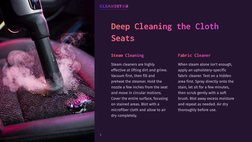 Close-Up Of A Steam Cleaner Nozzle Spraying Steam Onto A Car Seat, With Cleanestor Logo Visible. Text Reads &Quot;Deep Cleaning The Cloth Seats&Quot;.