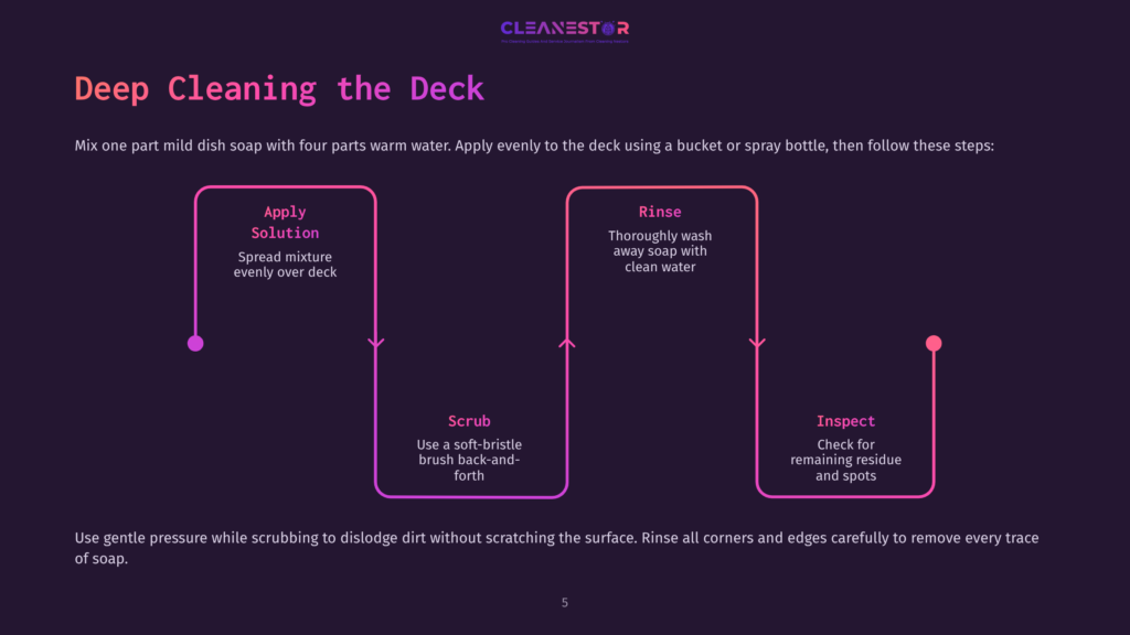 Flowchart Detailing How To Deep Clean A Deck: Apply Solution, Scrub With A Soft-Bristle Brush, Rinse Thoroughly, And Inspect For Residue. The Process Emphasizes Gentle Scrubbing And Avoiding Scratching The Surface.