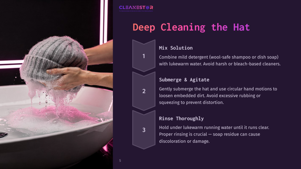 Hands Gently Wash A Gray Knit Hat In A Sink Filled With Pink Soapy Water, Illustrating The &Quot;Deep Cleaning The Hat&Quot; Process From Cleanestor.