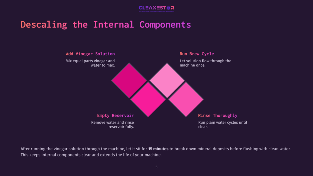 5 Descaling The Internal Components Diagram Illustrating How To Descale Internal Components Of A Coffee Machine Using Vinegar: Add Vinegar Solution, Run Brew Cycle, Empty Reservoir, And Rinse Thoroughly. Text Includes &Quot;Descaling The Internal Components&Quot; And &Quot;Cleanestor&Quot;.