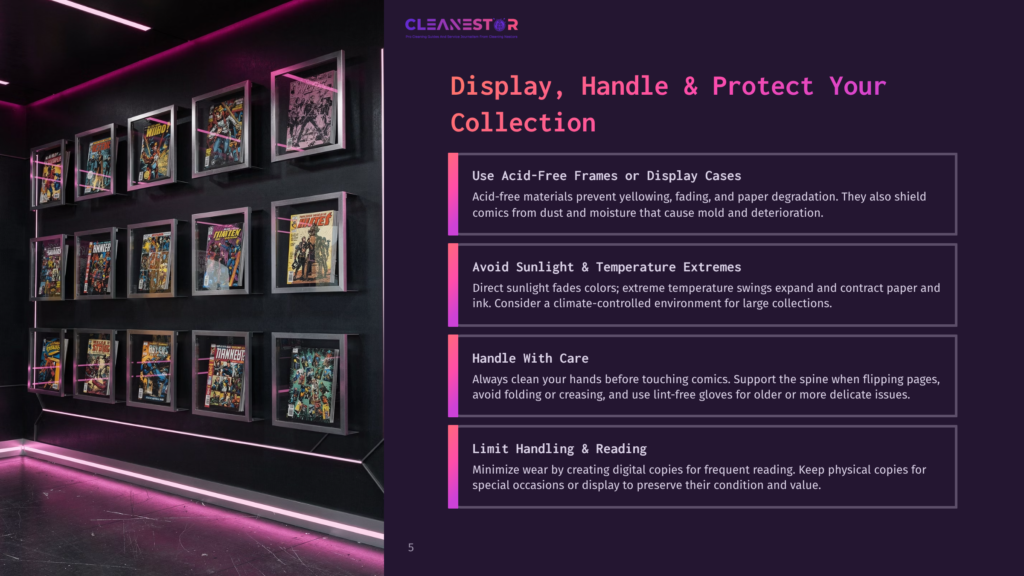 A Display Wall Illuminated By Pink Lights Showcasing Comic Books In Acid-Free Frames To Protect Them From Dust And Moisture, With A Text Overlay Explaining How To Properly Display, Handle, And Protect Your Comic Book Collection.