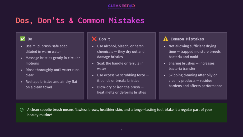 Infographic Titled &Quot;Dos, Don'Ts &Amp; Common Mistakes&Quot; For Cleaning Makeup Brushes, With A Green Checkmark For &Quot;Do&Quot; And Red X For &Quot;Don'T&Quot; Sections, And A Yellow Warning Sign For &Quot;Common Mistakes.