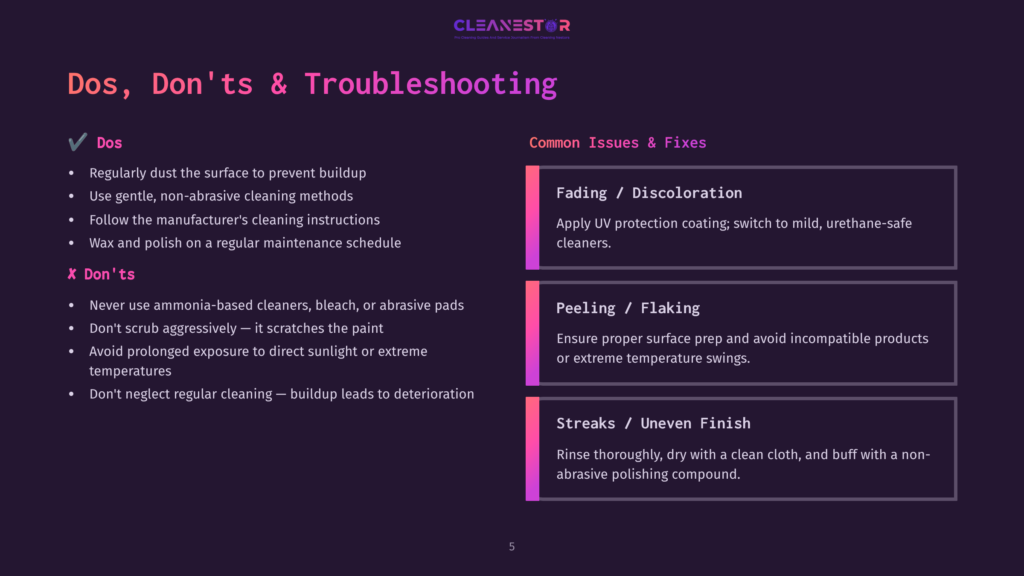 A Presentation Slide Titled &Quot;Dos, Don'Ts &Amp; Troubleshooting&Quot; For Cleanestor, Detailing Proper Care For Surfaces, Including Fading, Peeling, And Streaks.