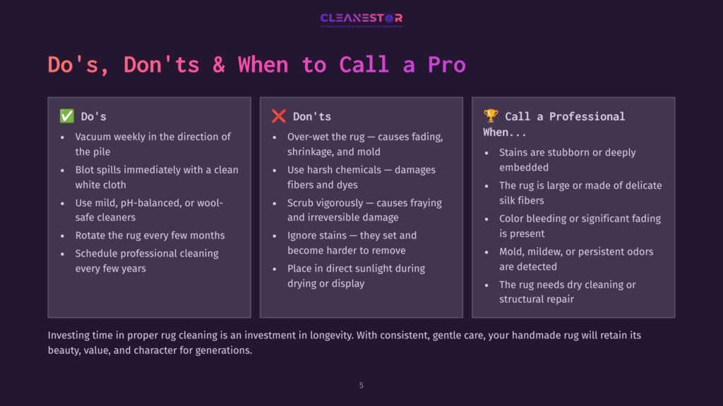 A Presentation Slide Titled &Quot;Do'S, Don'Ts &Amp; When To Call A Pro&Quot; For Rug Cleaning, With Sections On Vacuuming, Spot Cleaning, Professional Cleaning, And Avoiding Harsh Chemicals.
