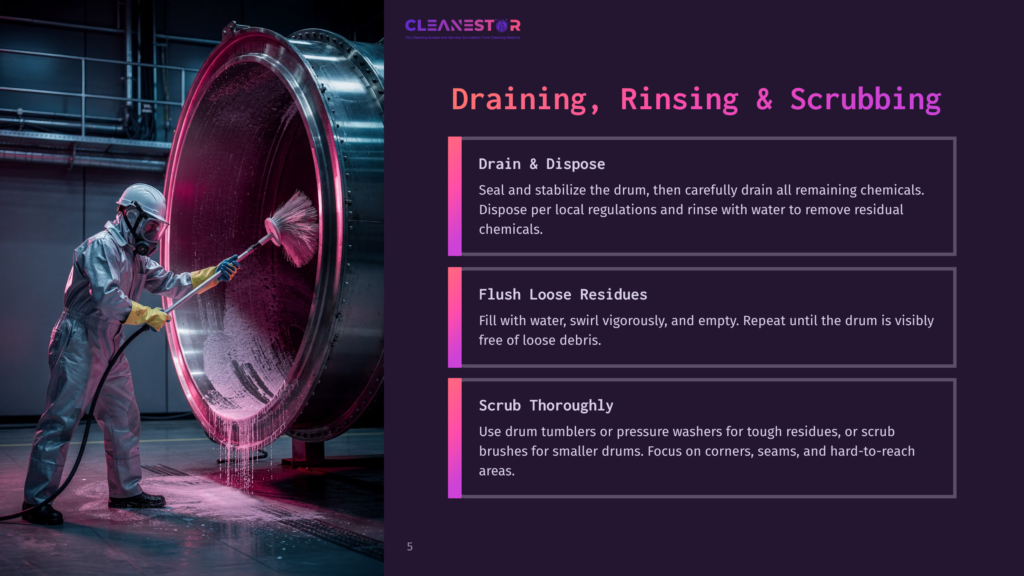 5 Draining Rinsing And Scrubbing A Worker In A Hazmat Suit Scrubs A Large Industrial Drum With A Brush, Water Spraying From A Hose, As Part Of A Cleaning Process. Text On The Right Details &Quot;Draining, Rinsing &Amp; Scrubbing&Quot; Steps.