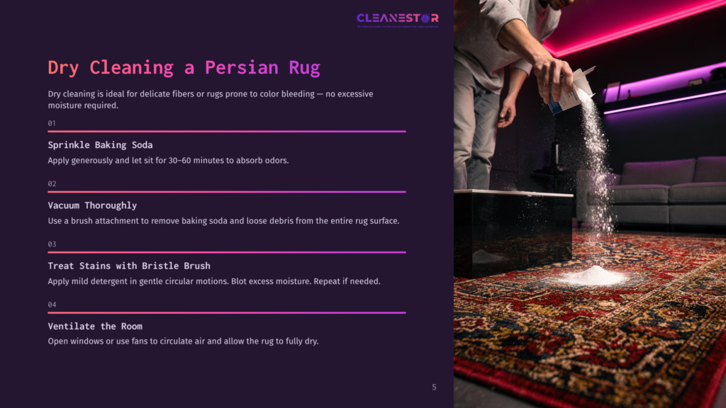 A Person Sprinkles Baking Soda Onto A Persian Rug As Part Of A Dry Cleaning Process. The Rug Has Intricate Patterns And Vibrant Colors, And The Background Is Dark With Purple Lighting.