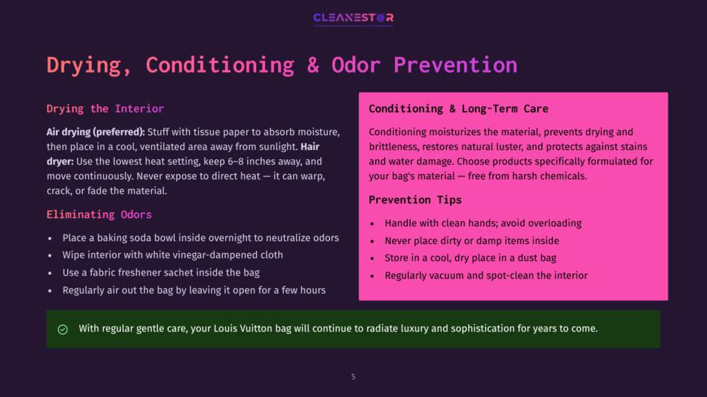 A Slide Titled &Quot;Drying, Conditioning &Amp; Odor Prevention&Quot; With Tips For Cleaning And Maintaining Luxury Leather Goods, Including Air Drying And Using Fabric Freshener.