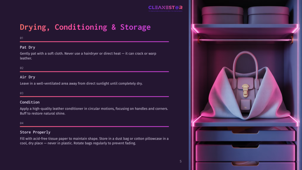 Cleanestor Guide: Drying, Conditioning &Amp; Storage For Leather Bags. Includes Steps Like Pat Dry, Air Dry, Condition, And Proper Storage In Dust Bags.
