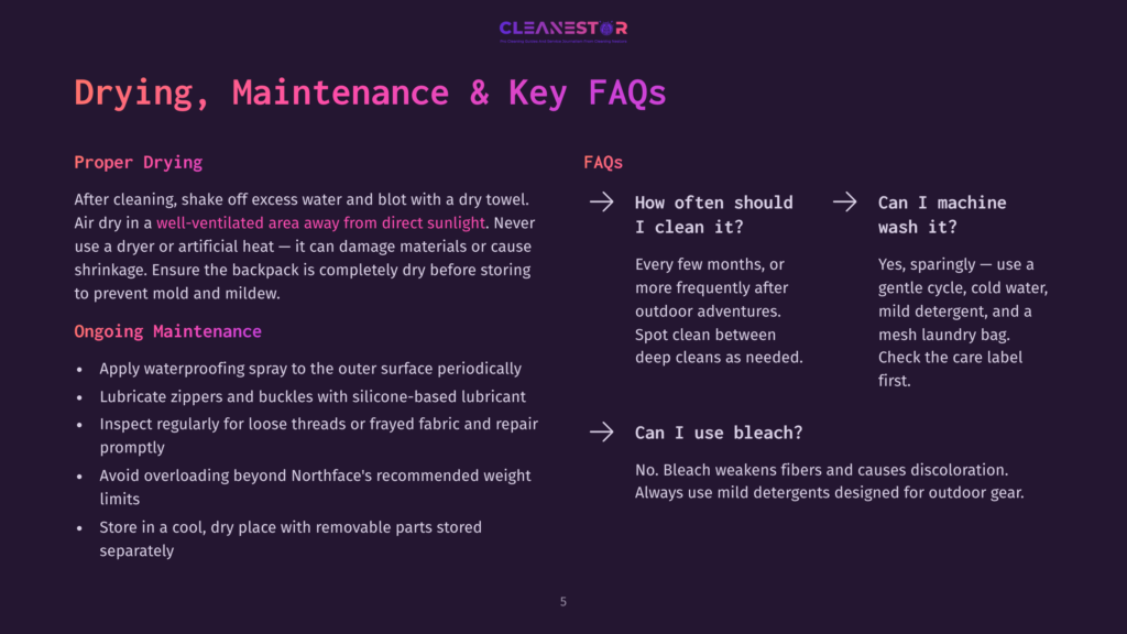 A Dark Purple Slide With The Title &Quot;Drying, Maintenance &Amp; Key Faqs&Quot; In Large White And Pink Text. The Slide Details Proper Drying And Ongoing Maintenance Tips, Along With Frequently Asked Questions About Cleaning And Washing.